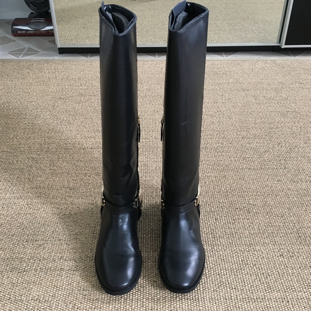 Zara Tall Leather Riding Boots Black 9 Gold Buckle